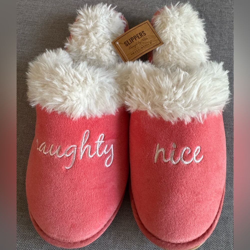 Pink 'naughty nice' Plush Women’s Slippers - size S/M